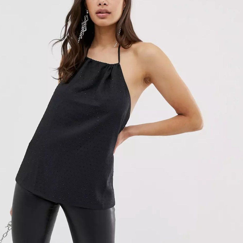 🚨 Last day Fri 🧳 ASOS Black Eyelet Halter Self Tie Tank Top Size 8